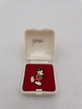 Vintage Mickey Mouse Enamel Lapel Pin With Gold-Tone Chain Original Case .75"